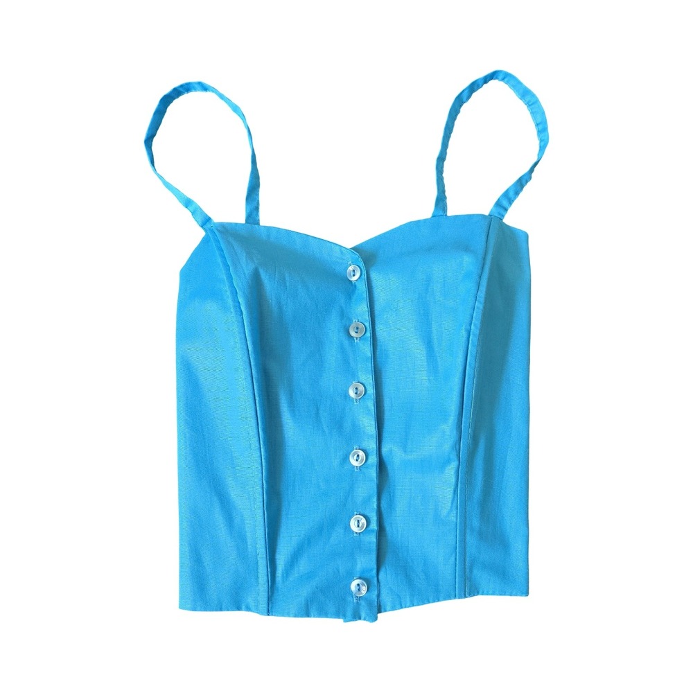 Vintage 80s Turquoise Blue Button Front Smocked Back Camisole Top Liz Sinclair